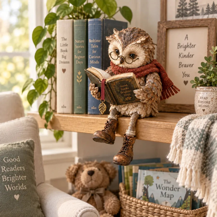 🦉 Figurka sowy czytającej – wesoła figurka na półkę, miłośniczka książek, w okularach i z zwisającymi butami