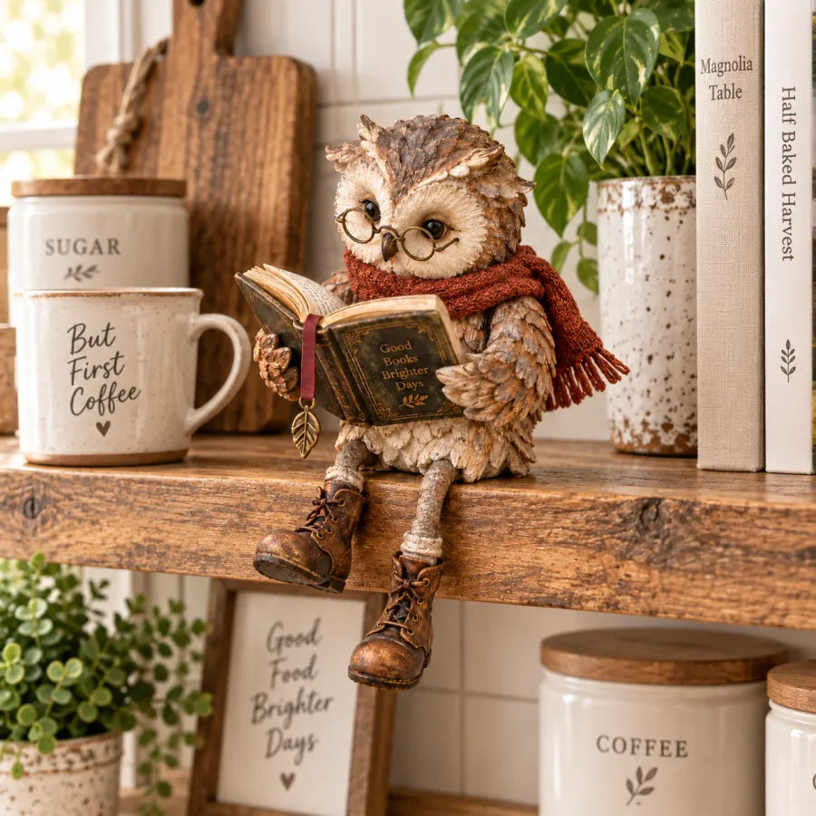 🦉 Figurka sowy czytającej – wesoła figurka na półkę, miłośniczka książek, w okularach i z zwisającymi butami