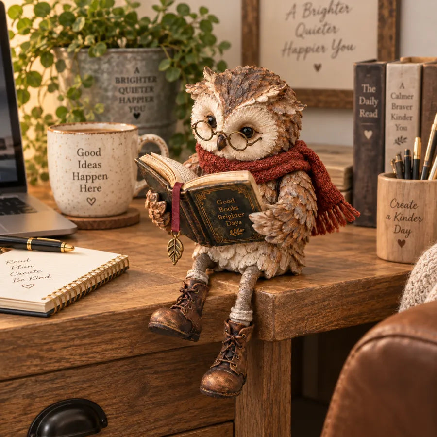 🦉 Figurka sowy czytającej – wesoła figurka na półkę, miłośniczka książek, w okularach i z zwisającymi butami