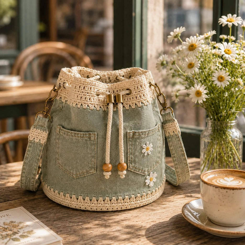 🔥PROMOCJA 50% RABATU✨👜Szydełkowa torba typu „wiedro” z dżinsu