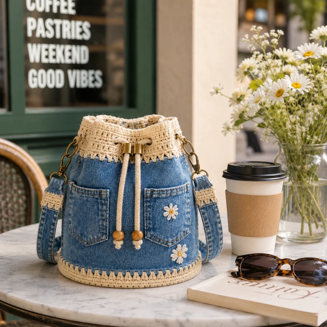 🔥PROMOCJA 50% RABATU✨👜Szydełkowa torba typu „wiedro” z dżinsu