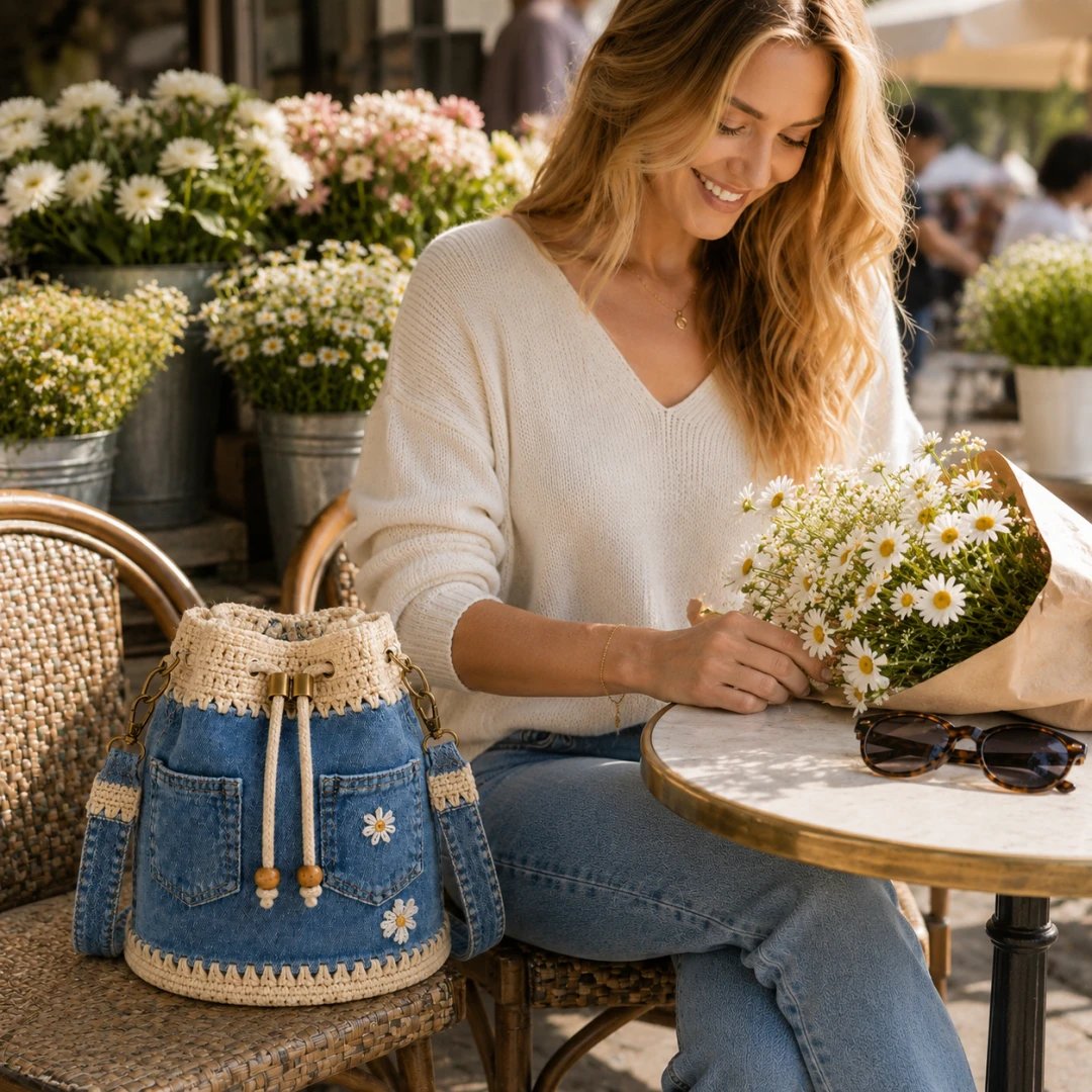 🔥PROMOCJA 50% RABATU✨👜Szydełkowa torba typu „wiedro” z dżinsu
