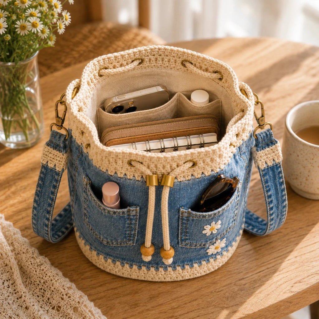 🔥PROMOCJA 50% RABATU✨👜Szydełkowa torba typu „wiedro” z dżinsu