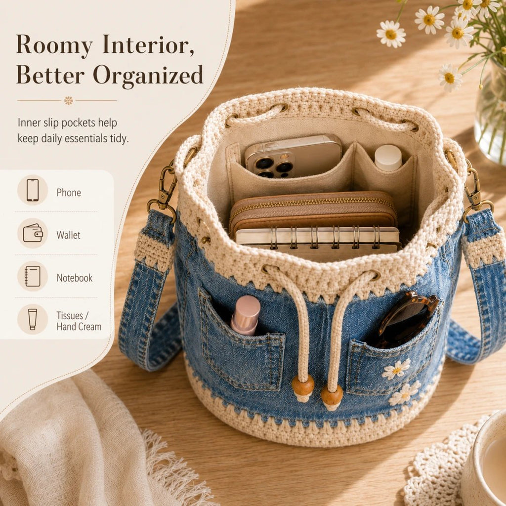 🔥PROMOCJA 50% RABATU✨👜Szydełkowa torba typu „wiedro” z dżinsu