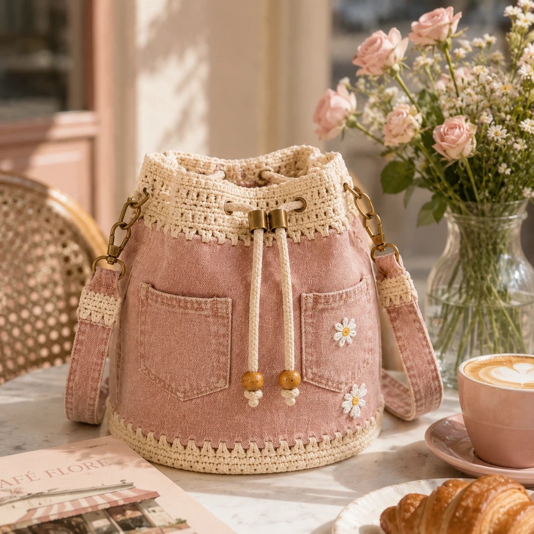 🔥PROMOCJA 50% RABATU✨👜Szydełkowa torba typu „wiedro” z dżinsu